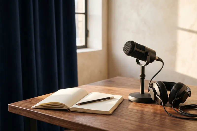 Conceptual editorial still life of a microphone, notebook and headphones